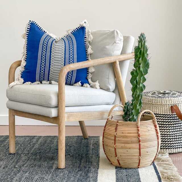 Blue Boho Fringe Pillow Handwoven Accent Cushion, 22x22