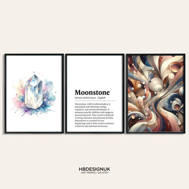 Moonstone Crystal Print - Set Of 3 Posters - Watercolour Gemstone Mineralogy Meaning Paintings Gifts Design Decor Wall Art - image 1