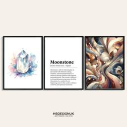 Moonstone Crystal Print - Set Of 3 Posters - Watercolour Gemstone Mineralogy Meaning Paintings Gifts Design Decor Wall Art - thumbnail 1
