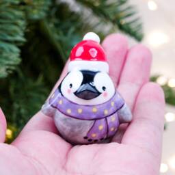 Hand-Painted Porcelain Penguin Figurine, Santa Hat Ornament