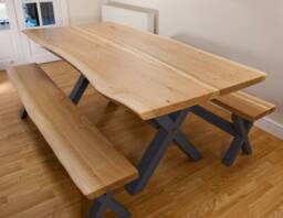 Solid Oak Dining Table & Benches With Hardwood Cross Legs
