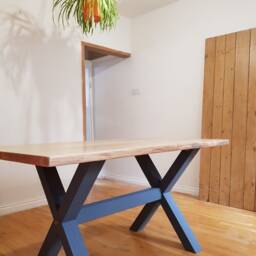 Live Edge Solid Oak Farmhouse Dining Table & Benches With Hardwood Cross Legs Bespoke - thumbnail 3