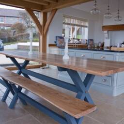 Live Edge Solid Oak Farmhouse Dining Table & Benches With Hardwood Cross Legs Bespoke - thumbnail 2