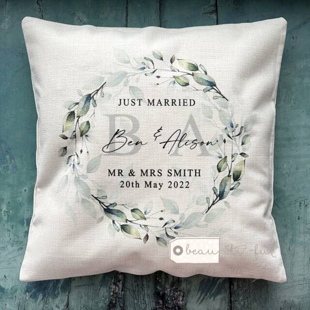 Personalised Wedding Gift, Just Married Mr Mrs Bride Groom Newlywed Wedding Cushion, New Couple Gift Linen Style Cushion - image 1