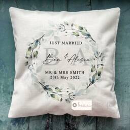 Personalised Wedding Gift, Just Married Mr Mrs Bride Groom Newlywed Wedding Cushion, New Couple Gift Linen Style Cushion - thumbnail 1