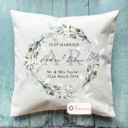 Personalised Wedding Gift, Just Married Mr Mrs Bride Groom Newlywed Wedding Cushion, New Couple Gift Linen Style Cushion - thumbnail 3