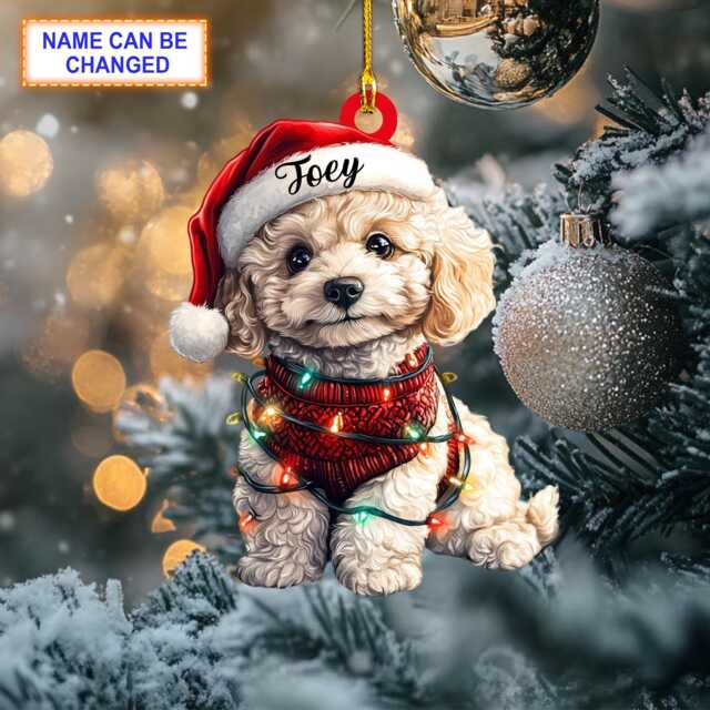 Custom Name Cute Sitting Poodle Dog With Santa Hat Christmas Lights Ornament, Tree Hanging Decor, Flat 2D Ornament - image 1