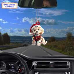 Custom Name Cute Sitting Poodle Dog With Santa Hat Christmas Lights Ornament, Tree Hanging Decor, Flat 2D Ornament - thumbnail 2