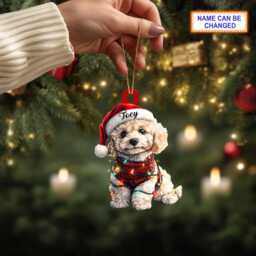 Custom Name Cute Sitting Poodle Dog With Santa Hat Christmas Lights Ornament, Tree Hanging Decor, Flat 2D Ornament - thumbnail 3