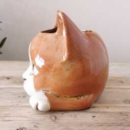 Imperfect Ceramic Ginger Cat Plant Pot - Quirky Glazed Feline Planter, Lover Home Decor - thumbnail 3