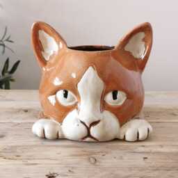 Imperfect Ceramic Ginger Cat Plant Pot - Quirky Glazed Feline Planter, Lover Home Decor - thumbnail 4