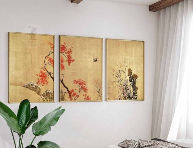 Japanese Set Of 3 Gold Floral Posters, Art Prints, Katsushika Hokusai Wall Art, Ogata Korin Decor, Gift - image 1