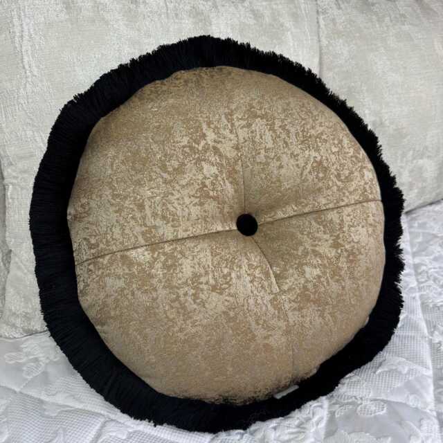 Black Gold Round Cushion With Fringe - Handmade Diana Design, Luxury Circular Pillow For Sofa Or Bed - image 1