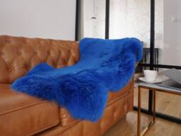 Sheepskin Blue Throw Genuine Leather Wool Carpet Decorative Rug Navy Blue Comfy, Cozy, Hair Is Very Thick, Shiny - thumbnail 1