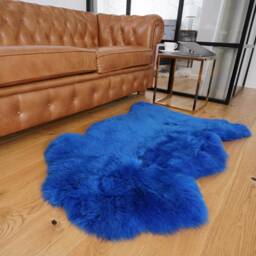 Sheepskin Blue Throw Genuine Leather Wool Carpet Decorative Rug Navy Blue Comfy, Cozy, Hair Is Very Thick, Shiny - thumbnail 3