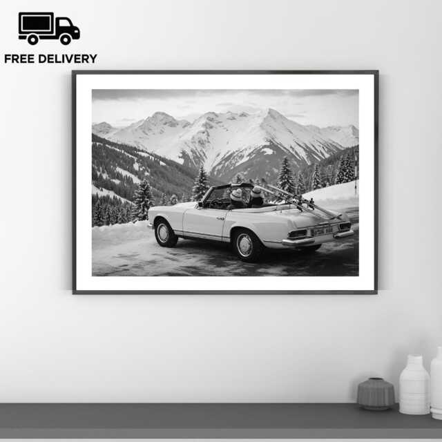 Vintage Classic Car Print, Porsche 911 Apres Ski, Fine Art Photography Wall Art, Museum Quality Black & White Poster - image 1