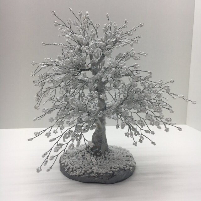 White Beaded Wire Bonsai Tree Sculpture - Winter Home Decor - image 1