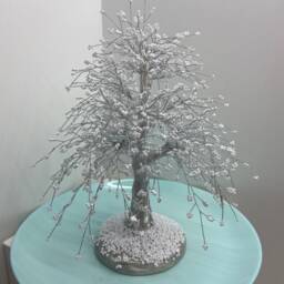 White Beaded Wire Bonsai Tree Sculpture - Winter Home Decor - thumbnail 3