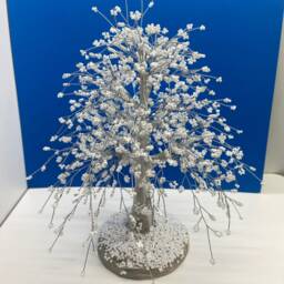 White Beaded Wire Bonsai Tree Sculpture - Winter Home Decor - thumbnail 2