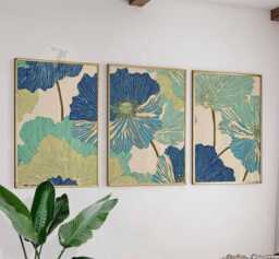 Set Of 3 Bold Floral Prints, Modern Botanical Wall Art, Blue & Green Flower Posters For Living Room Decor - thumbnail 1