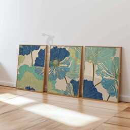 Set Of 3 Bold Floral Prints, Modern Botanical Wall Art, Blue & Green Flower Posters For Living Room Decor - thumbnail 3