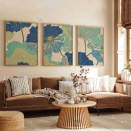 Set Of 3 Bold Floral Prints, Modern Botanical Wall Art, Blue & Green Flower Posters For Living Room Decor - thumbnail 2