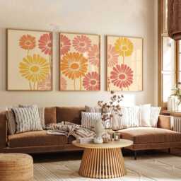 Set Of 3 Floral Wall Art Prints, Retro Orange & Yellow Flower Posters, Modern Botanical Decor For Living Room - thumbnail 2