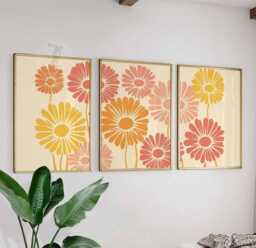Set Of 3 Floral Wall Art Prints, Retro Orange & Yellow Flower Posters, Modern Botanical Decor For Living Room - thumbnail 1