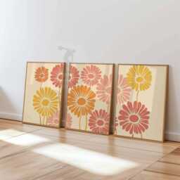 Set Of 3 Floral Wall Art Prints, Retro Orange & Yellow Flower Posters, Modern Botanical Decor For Living Room - thumbnail 3