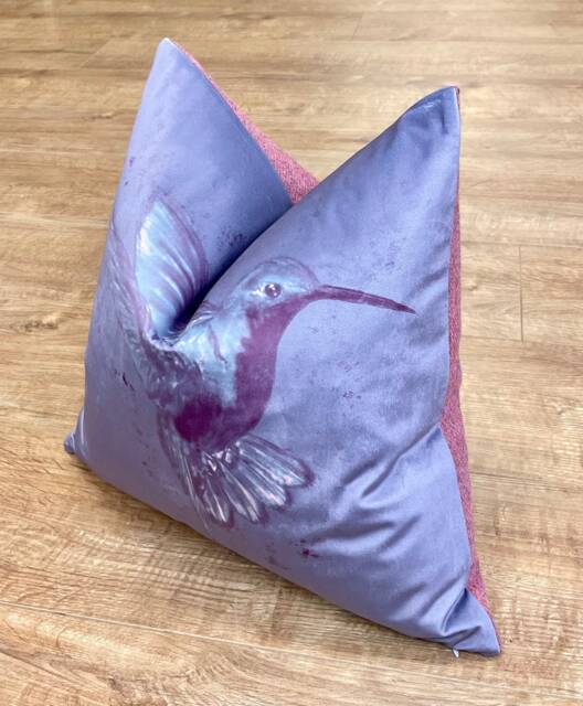 Deep Purple Hummingbird Velvet & Pink Harris Tweed Cushion 18 - image 1