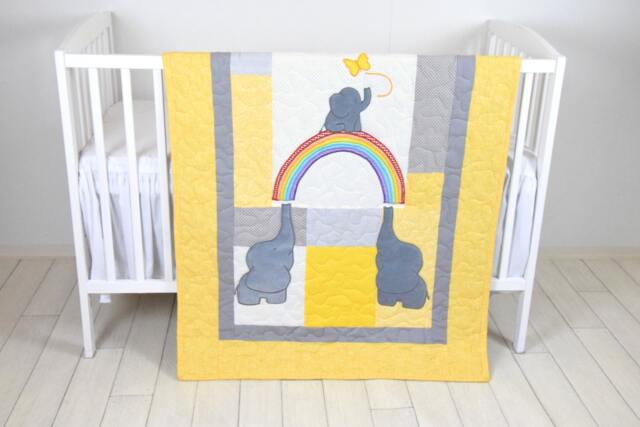 Yellow Gray Baby Blanket, Elephant & Rainbow Crib Quilt, Boy Bedding, Toddler Patchwork Bespread - image 1