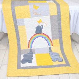 Yellow Gray Baby Blanket, Elephant & Rainbow Crib Quilt, Boy Bedding, Toddler Patchwork Bespread - thumbnail 2