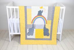 Yellow Gray Baby Blanket, Elephant & Rainbow Crib Quilt, Boy Bedding, Toddler Patchwork Bespread - thumbnail 1