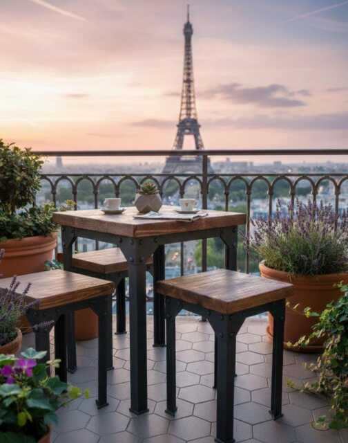 Industrial Balcony Furniture Set Bistro Table 50x50 & Stools Solid Wood Metal Small Space Terrace Cafe Loft Style Handcrafted - image 1
