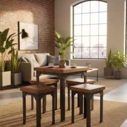 Industrial Balcony Furniture Set Bistro Table 50x50 & Stools Solid Wood Metal Small Space Terrace Cafe Loft Style Handcrafted - thumbnail 3