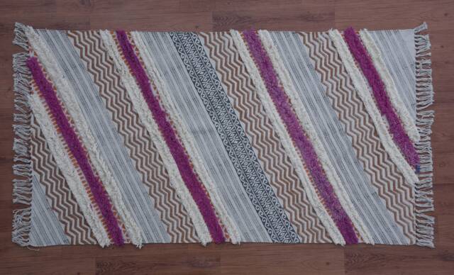 Hand Block Printed Rug, 34x60 Inch, Pink Woven Dhurie, Bohemian Flatweave Indigo Rug For Home Decor Cp-03 - image 1