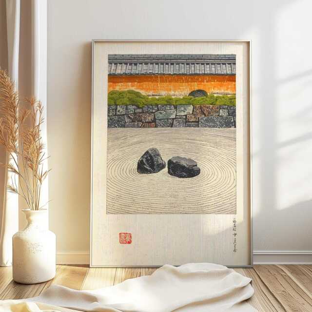 Japanese Zen Garden Wall Art - Woodblock Print, Art, Traditional Kyoto Landscape Poster, Serene Minimalist Decor - image 1