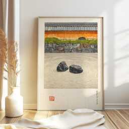 Japanese Zen Garden Wall Art - Woodblock Print, Art, Traditional Kyoto Landscape Poster, Serene Minimalist Decor - thumbnail 1