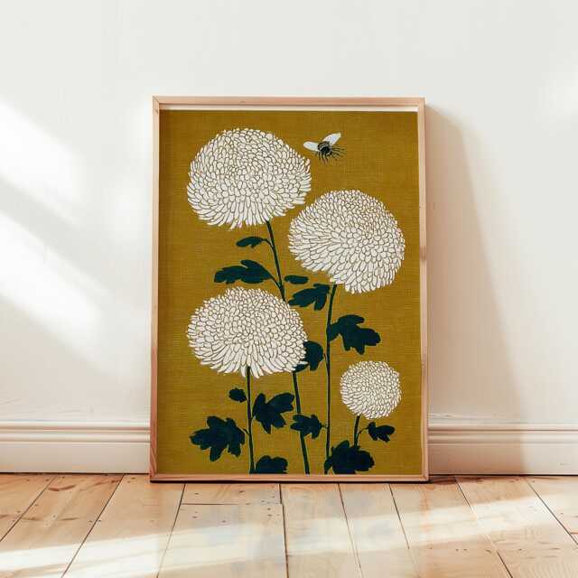 White Chrysanthemum Poster - Japanese Ochre Floral Wall Art Minimalist Botanical Print - image 1