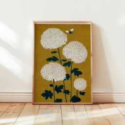 White Chrysanthemum Poster - Japanese Ochre Floral Wall Art Minimalist Botanical Print - thumbnail 1