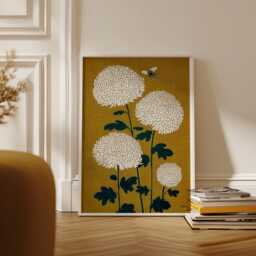 White Chrysanthemum Poster - Japanese Ochre Floral Wall Art Minimalist Botanical Print - thumbnail 2