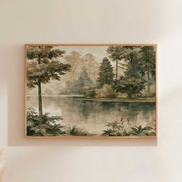 Forest Lake Poster, Sepia Woodland Wall Art, Nature Landscape Print - image 1