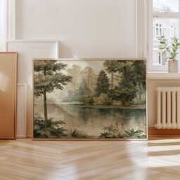 Forest Lake Poster, Sepia Woodland Wall Art, Nature Landscape Print - thumbnail 4