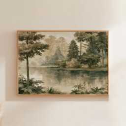 Forest Lake Poster, Sepia Woodland Wall Art, Nature Landscape Print - thumbnail 1