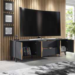 Furneo Grey Tv Stand 180cm Unit Cabinet Azzurro 10G Brushed Gold Handles Led Lights - thumbnail 2