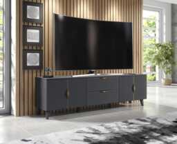Furneo Grey Tv Stand 180cm Unit Cabinet Azzurro 10G Brushed Gold Handles Led Lights - thumbnail 1