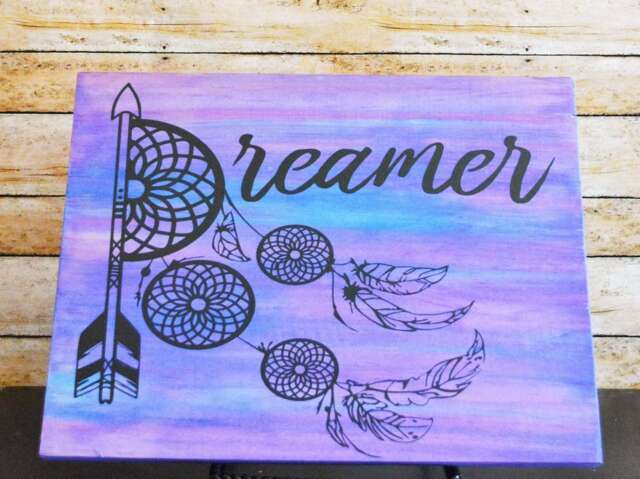 Dreamer Hand Stained Wooden Sign With Dream Catcher Design, Wall Hanging Art - image 1