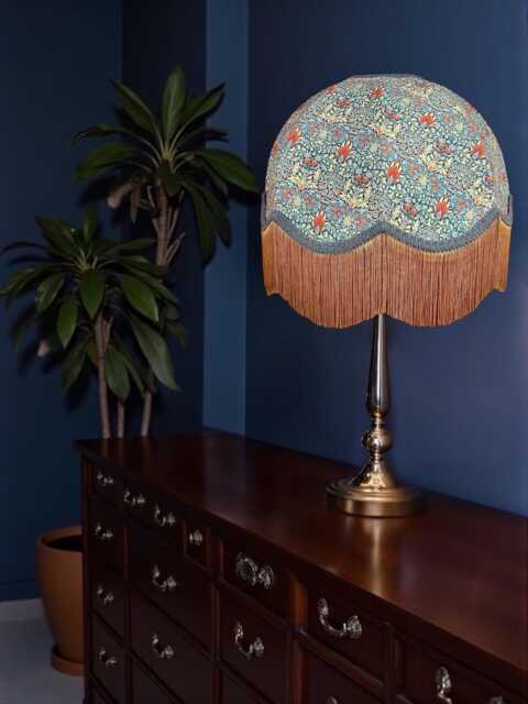 Handmade William Morris Blue Snakeshead Fabric Lamp Shades Slate Braid & Gold Fringe, Handcrafted in The UK - image 1