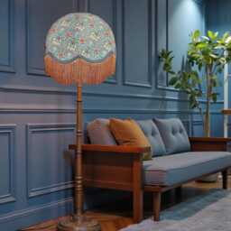 Handmade William Morris Blue Snakeshead Fabric Lamp Shades Slate Braid & Gold Fringe, Handcrafted in The UK - thumbnail 2