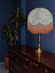 Handmade William Morris Blue Snakeshead Fabric Lamp Shades Slate Braid & Gold Fringe, Handcrafted in The UK - thumbnail 1